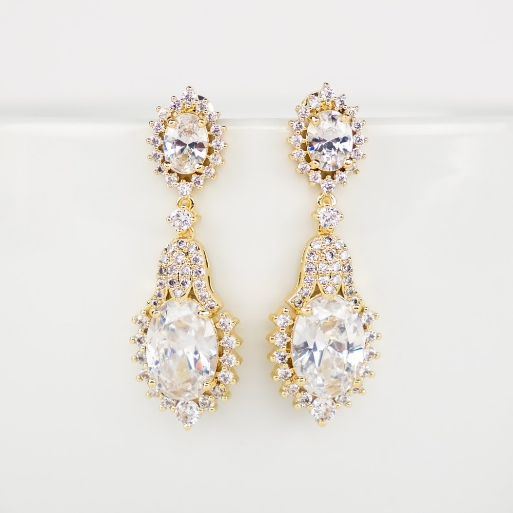 Beautiful Zircon Crystal Gold Plated Bridal Drop Earrings